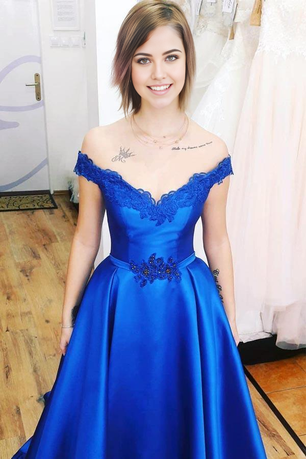 A-line Off the Shoulder Lace-Up Back Royal Blue Long Prom Dress