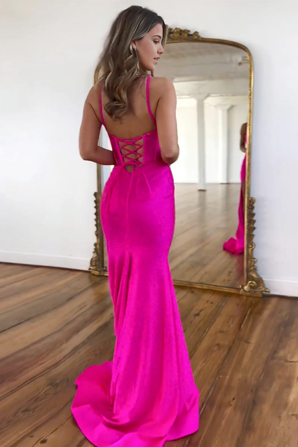 Mermaid Spaghetti Straps Fuchsia Beaded Lace Up Prom Dress With Slit