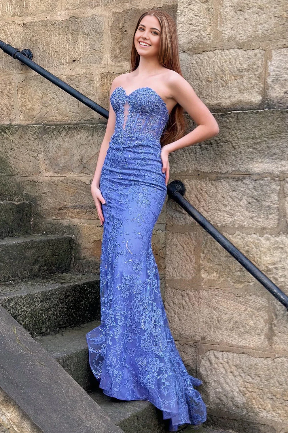 Mermaid Sweetheart Glitter Blue Long Prom Dress with Appliques