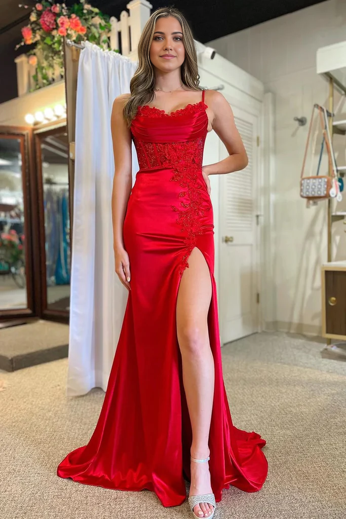 Mermaid Spaghetti Strap Appliques Long Prom Dress with Slit