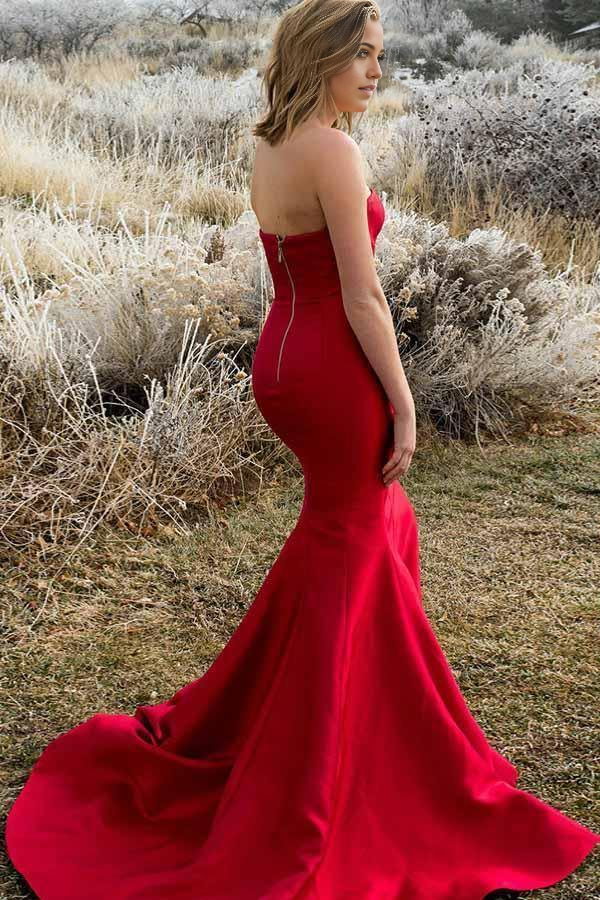 Mermaid Strapless Sweep Train Red Satin Sleeveless Split Pleats Prom Dress