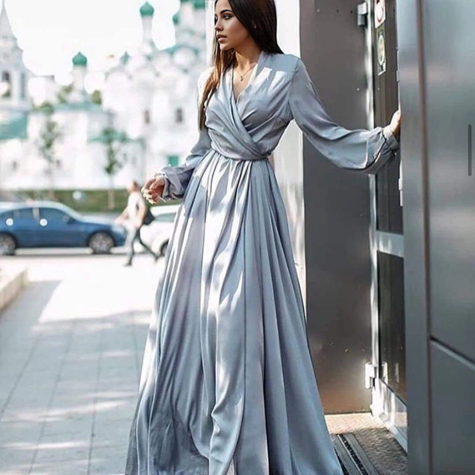 A-line V-Neck Long Sleeve Bridesmaid Dress Formal Dresses for Wedding Guest Cocktail Dress Mother of the Bride Dresses