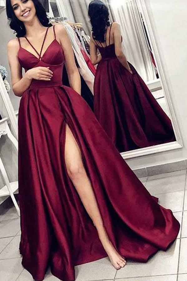 Spaghetti V Neck Straps Burgundy Satin Split Long Prom Dress