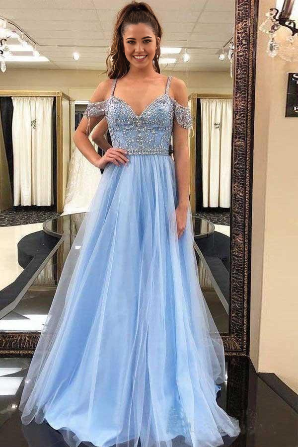 A-line Off the Shoulder Sky Blue Beaded Tulle Prom Dresses Long Formal Dresses