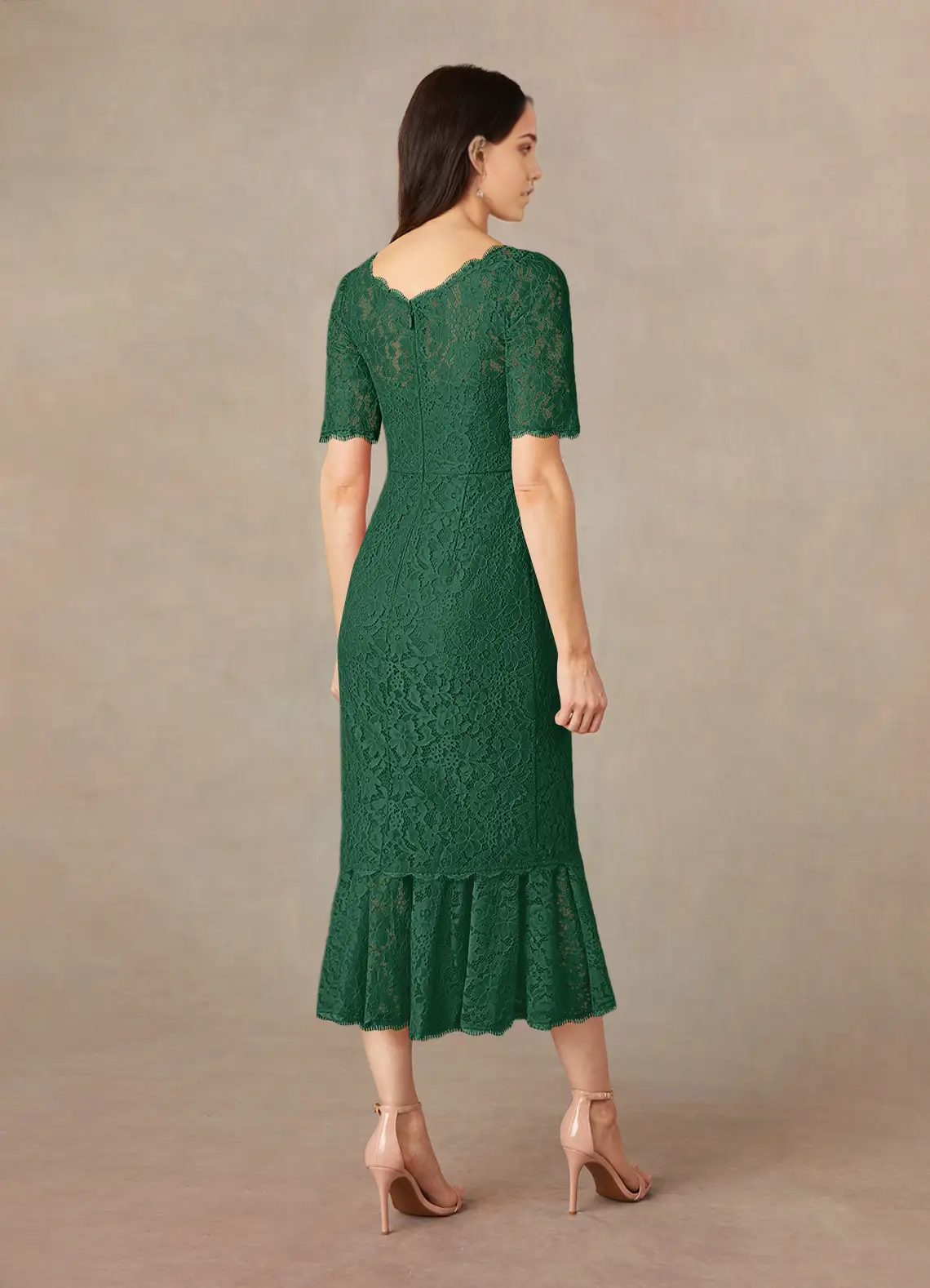 Mermaid Crew Neck Short Sleeve Lace Dark Green formal dresses evening dress Mother of the Bride Dresses