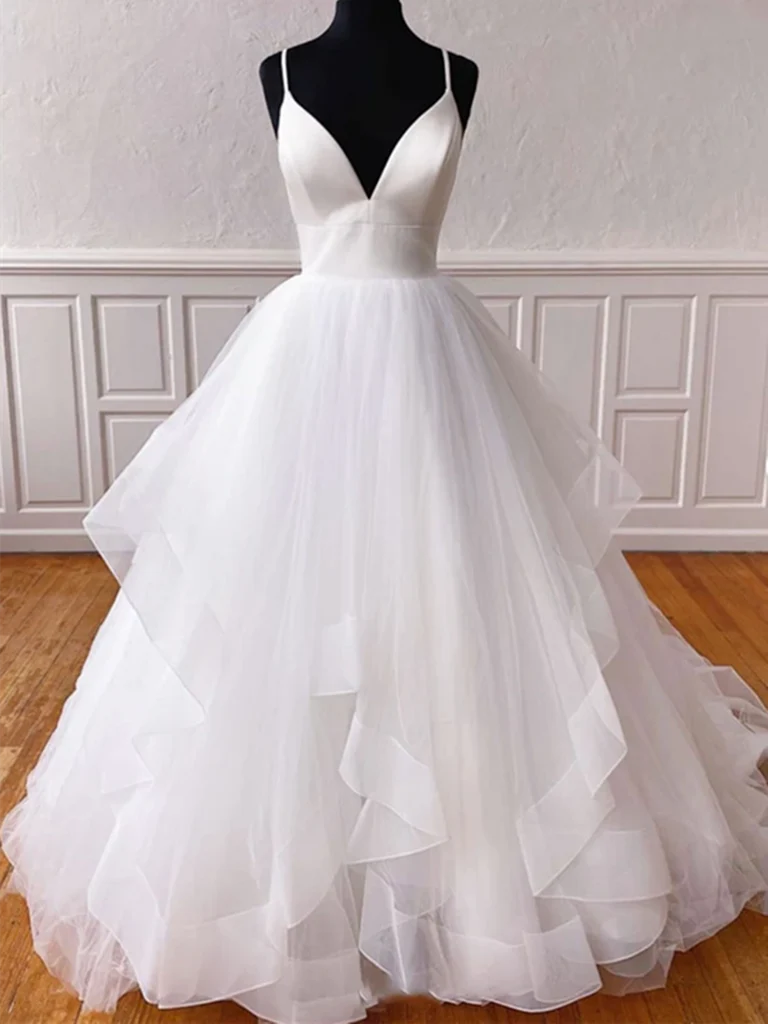 A-line V Neck Tulle Long prom gown wedding Dresses