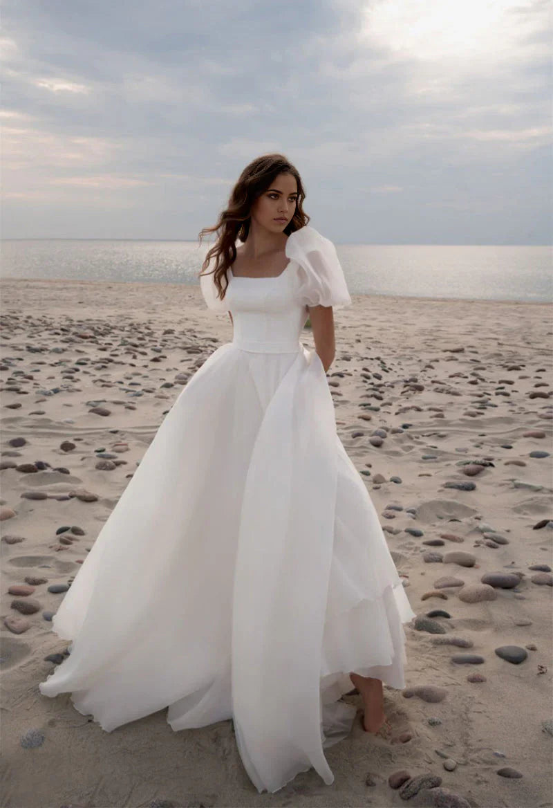 A-Line Square Neck Short Sleeves Wedding Dresses with Train