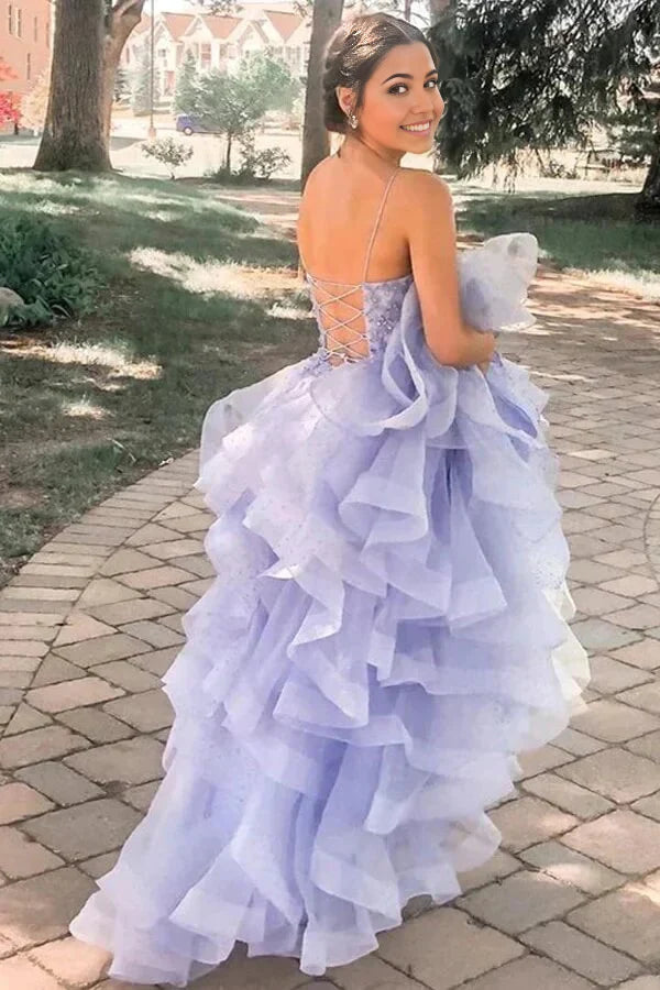 A-line Spaghetti Straps Puffy Tulle Prom Dresses Evening Gown