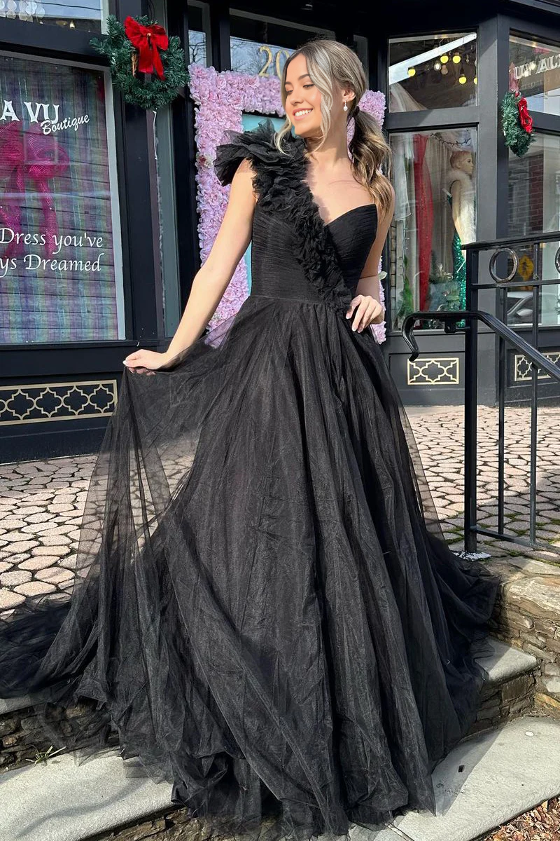 A-line One Shoulder Black Tulle Ball Gown Long Prom Dress