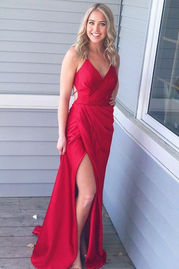Sheath Spaghetti Straps Satin Red Prom Dress with Split