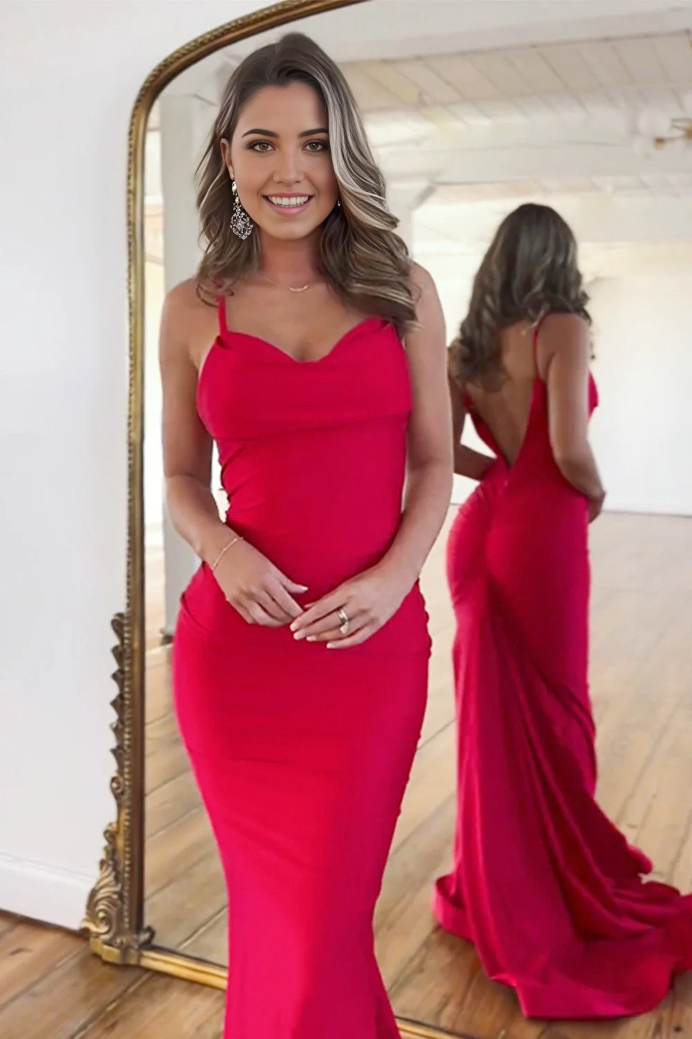 Mermaid Simple Spaghetti Straps Satin Red Long Prom Dress