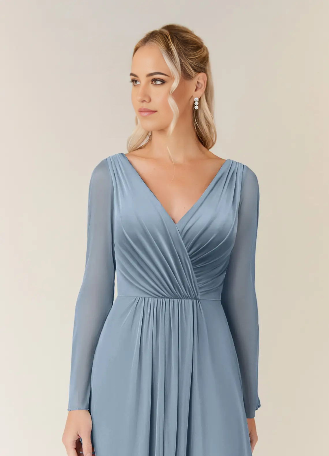 A-Line V-Neck Long Sleeve Pleated Dusty Blue formal dresses evening dress Mother of the Bride Dresses