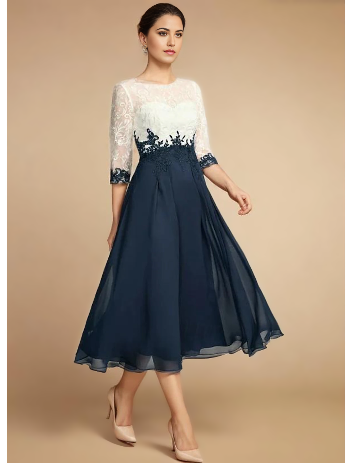 A-line Scoop Illusion Lace Chiffon Tea-Length Mother of the Bride Dress