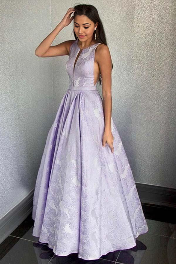 A-Line Round Neck Floor-Length Lilac Printed Prom Dresses Evening Dress