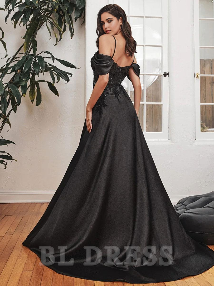 A-Line Square Neck Sleeveless Backless Split Front Satin formal dress evening gown Wedding Guest Dresses Prom Dress With Train