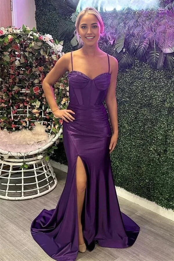 Mermaid Spaghetti Straps Beaded Satin Long Prom Dresses With Slit