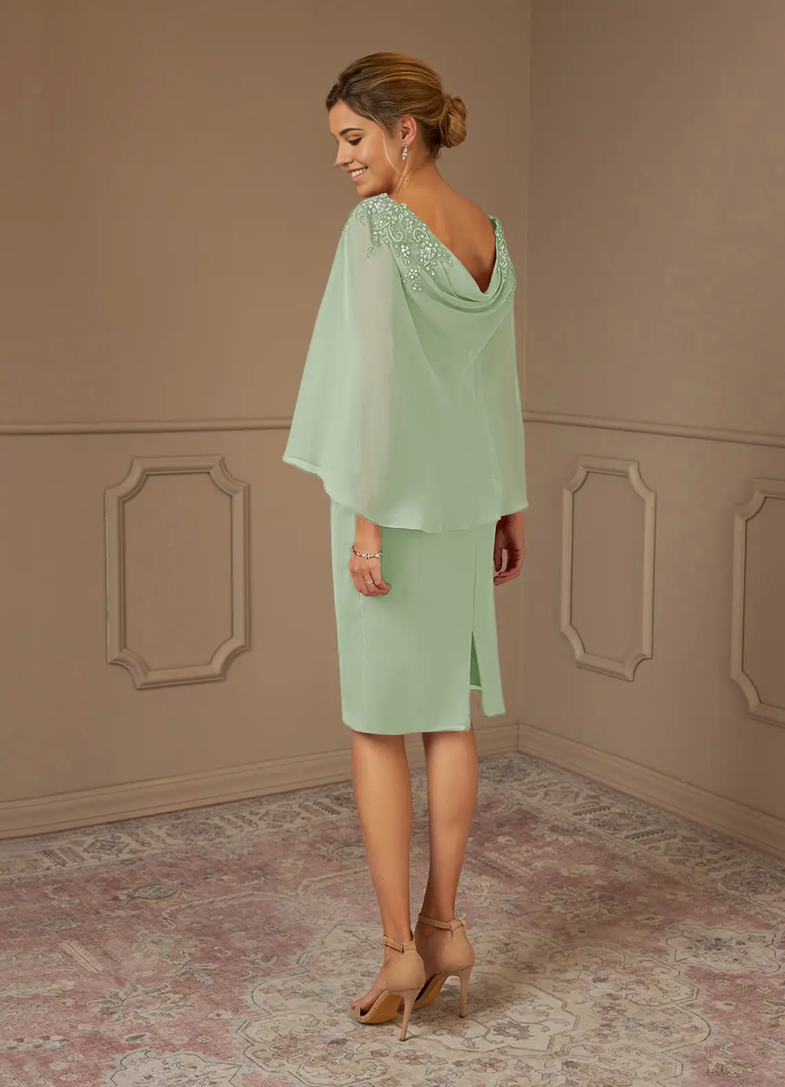 Sheath Lace Chiffon Tea Length Dusty Sage formal dresses evening dress Mother of the Bride Dresses