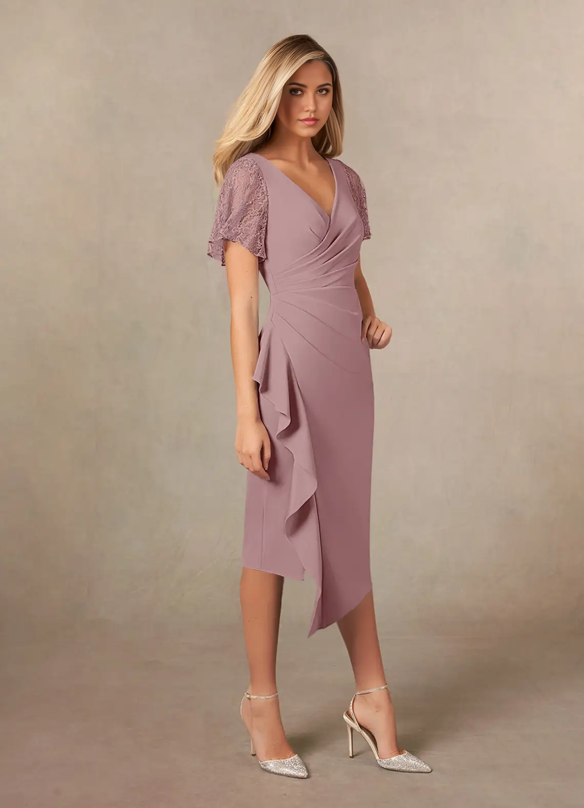 Sheath V-Neck Pleated Dusty Rose formal dresses evening dress Mother of the Bride Dresses