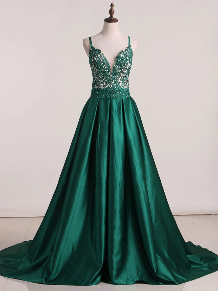 A-line V Neck Lace Satin Long Prom Dress Long Evening Dress