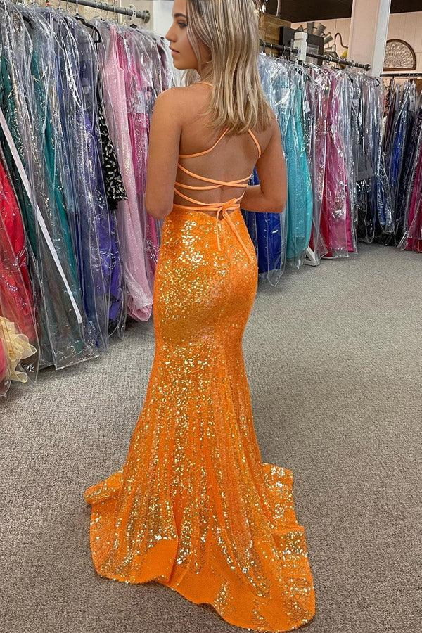 Mermaid Sparkle Orange Sequin Long Prom Formal Dress