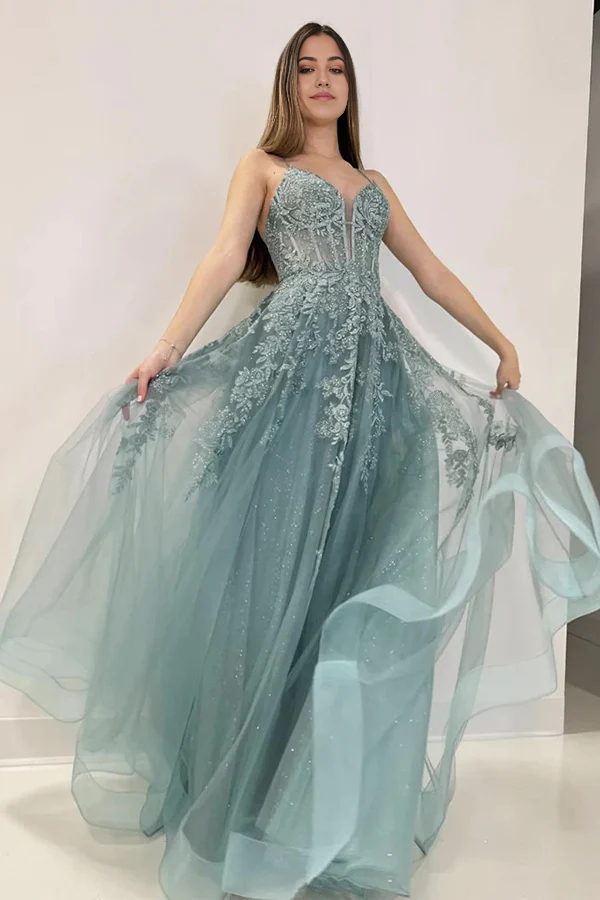 A-Line V Neck Tulle Lace Long Prom Dress