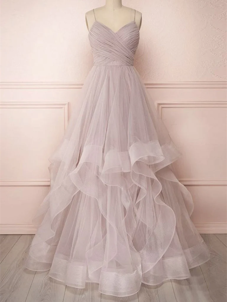Spaghetti Straps Backless Tulle Long Prom Dresses Formal Evening Party Prom Dresses