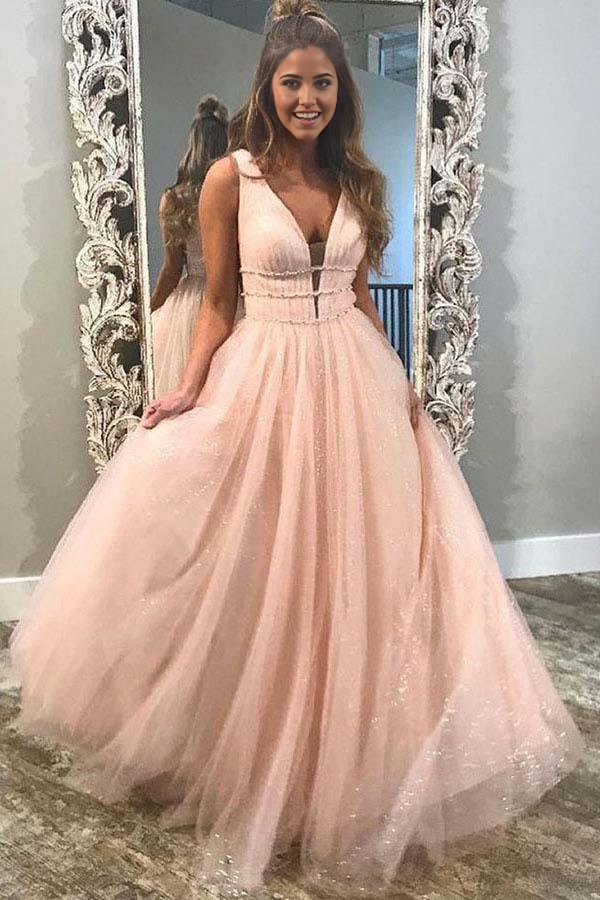 A-Line Deep V-Neck Sweep Train Tulle Backless Pink Prom Dress with Beading