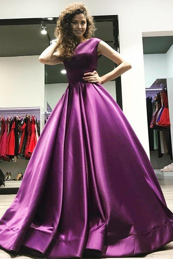 A-line V-Neck Sweep Train Satin Sleeveless Backless Ball Gown Prom Dress