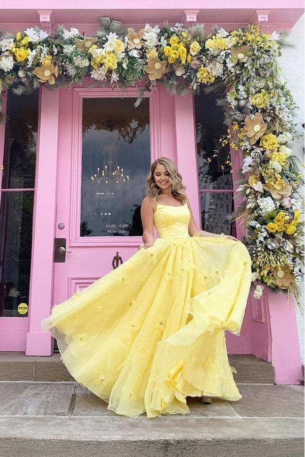 A-line 3D Flowers Straps Tulle Bodice With Back Lace Up Yellow Long Prom Dress