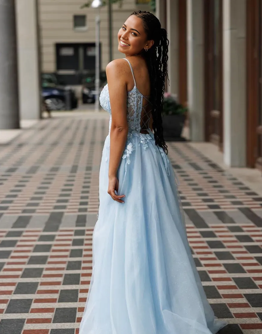 A-Line Sparkly Spaghetti Straps Corset Appliques Light Blue formal dresses evening gown Prom Dress with Slit