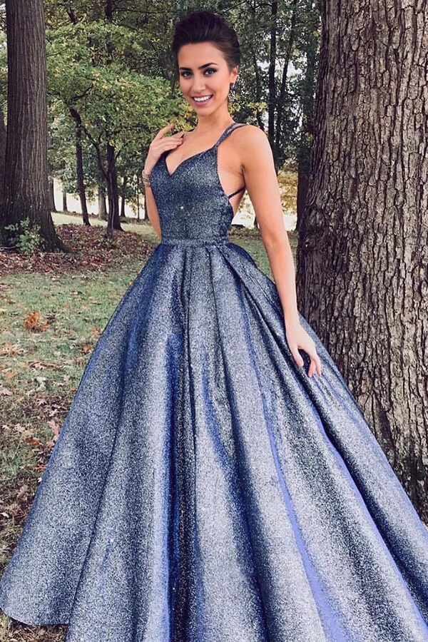 Sparkly V-neck Ball Gown Prom Dresses