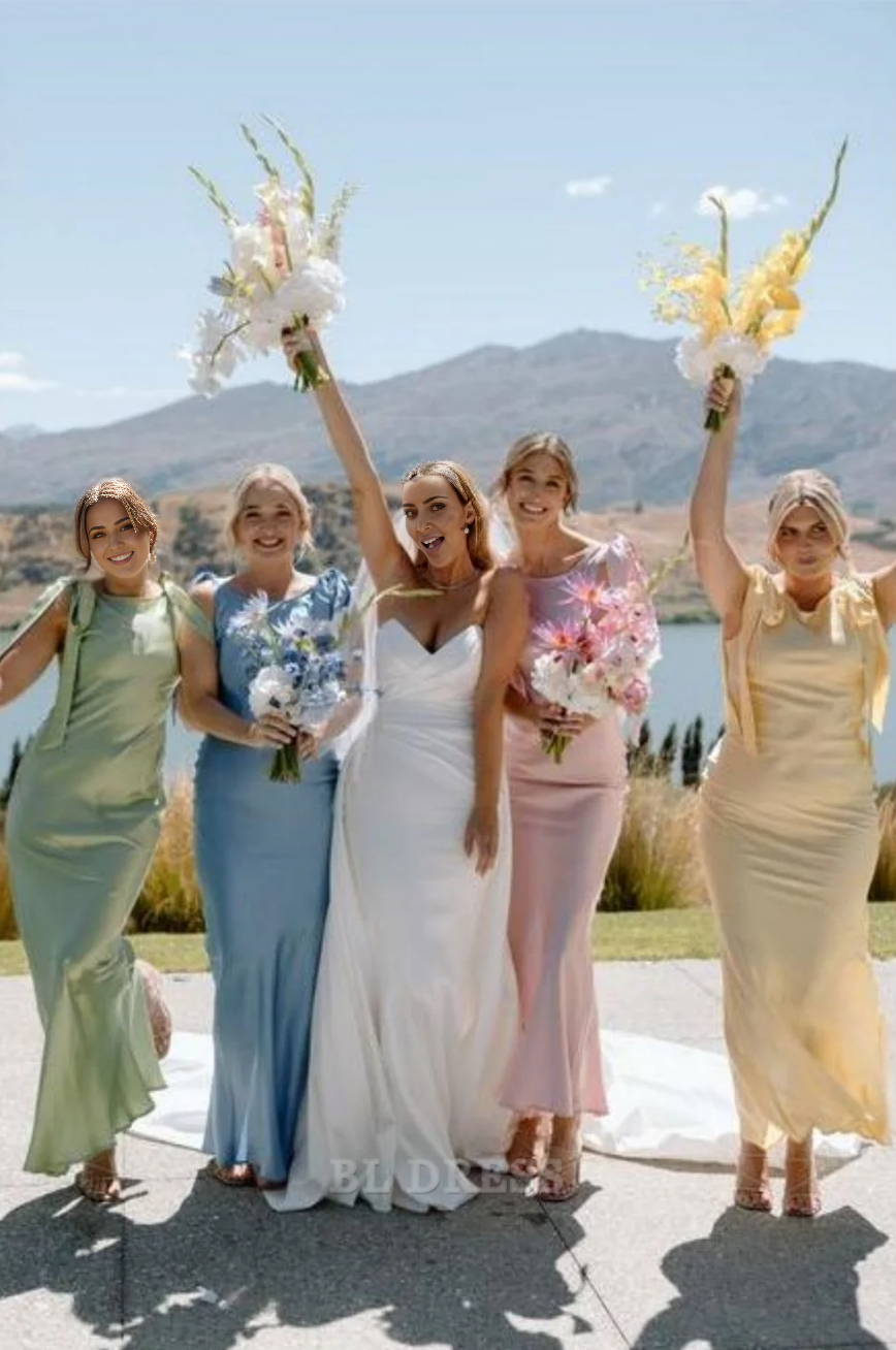 Sheath Sweet Crew Neck sleeveless Blue Long formal dresses Bridesmaid Dresses evening gown Prom Dress with Bowknot