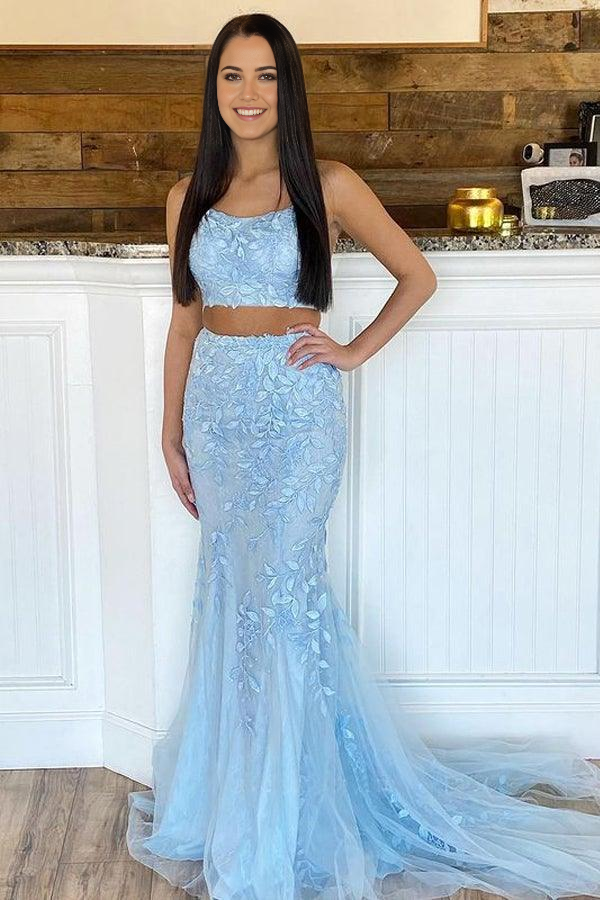 Two Piece Mermaid Scoop Neck Light Blue Lace Prom Dresses