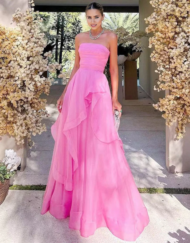 A Line Strapless Organza Prom Dress