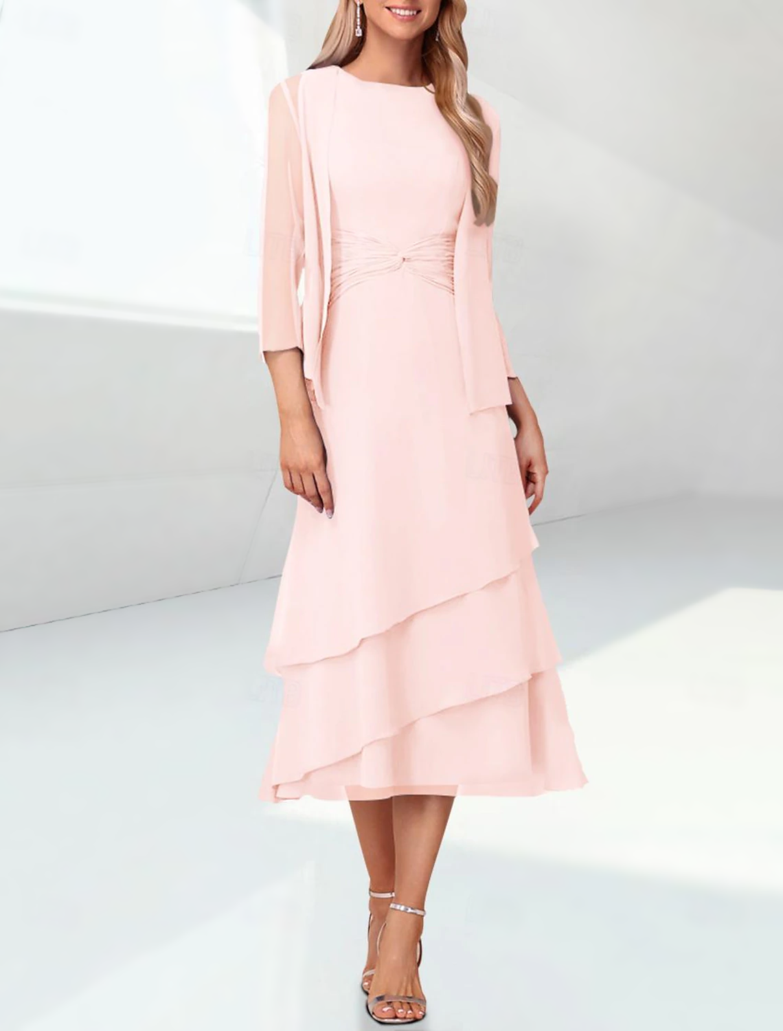 Sheath / Column Mother of the Bride Dress Elegant Jewel Neck Tea Length Chiffon 3/4 Length Sleeve Wrap Included with Ruching free custom size