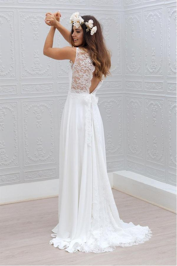 Elegant V-Neck Lace Sleeveless Bowknot Chiffon White Wedding Dress