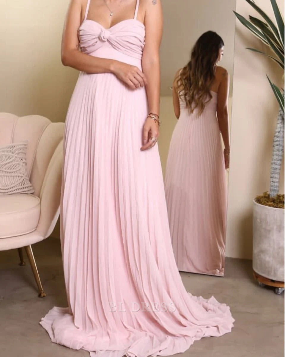 A Line Spaghetti Straps Pleated Pink Long formal dresses Bridesmaid Dresses evening gown Prom Dress
