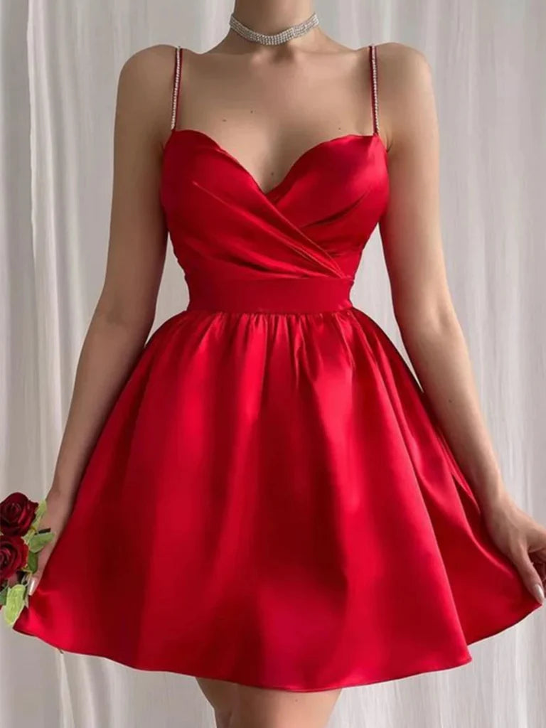 Cute V Neck Satin Short Prom Dresses