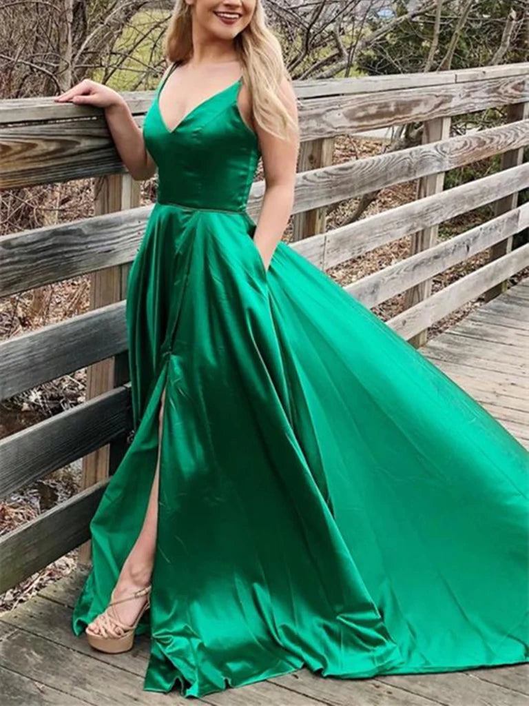 A-line V Neck Backless Satin Formal Graduation Evening Dresses Long Prom Dresses with Slit