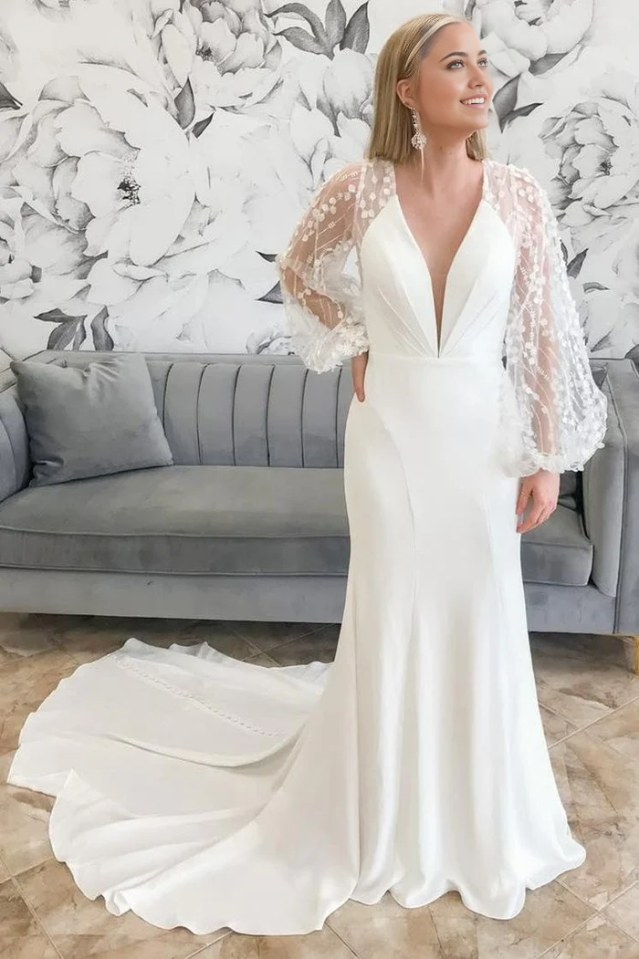 Mermaid Plunge V Long Wedding Dress with Balloon Sleeves