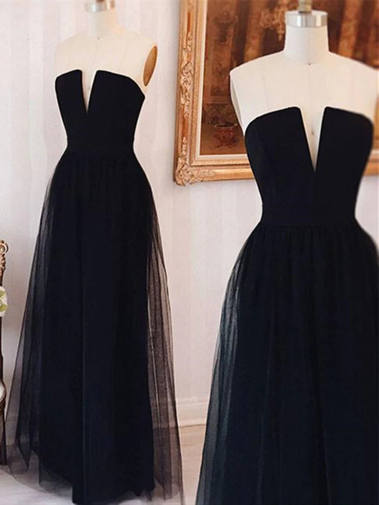 Simple Strapless Strap Tulle Long Prom Dress Long Formal Dress