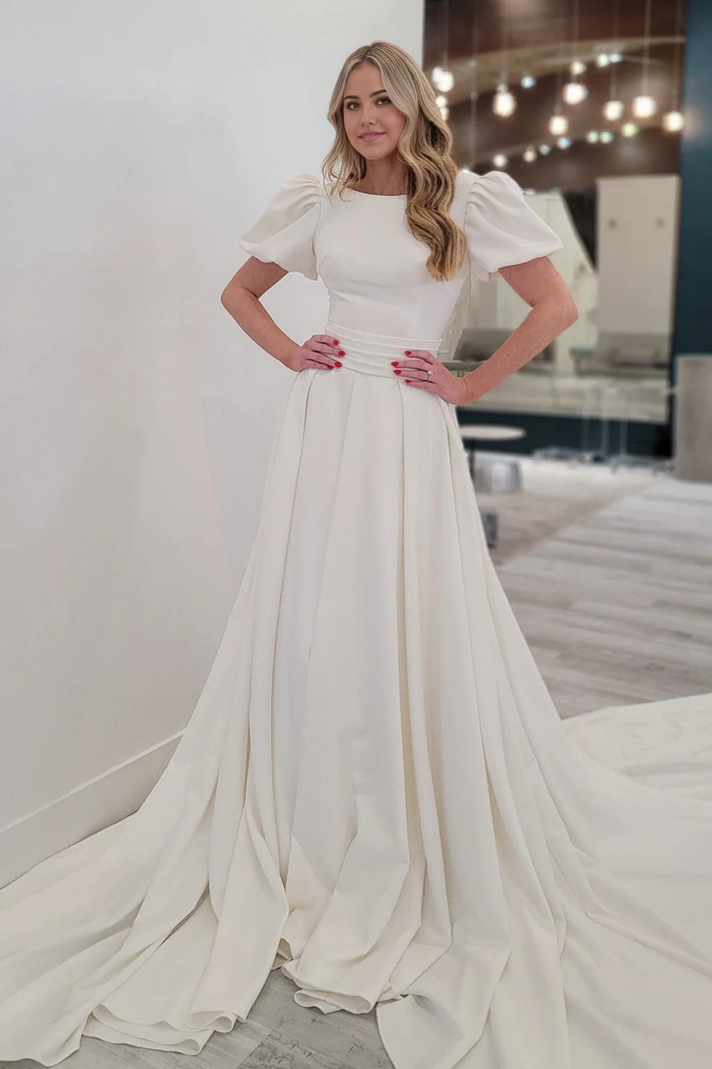 A-line Puff Sleeves Satin Sweeping Long Wedding Dress