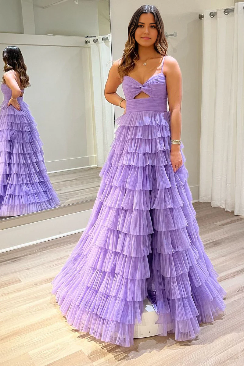 A-Line Keyhole Ruffle Tiered Tulle Long Prom Dresses