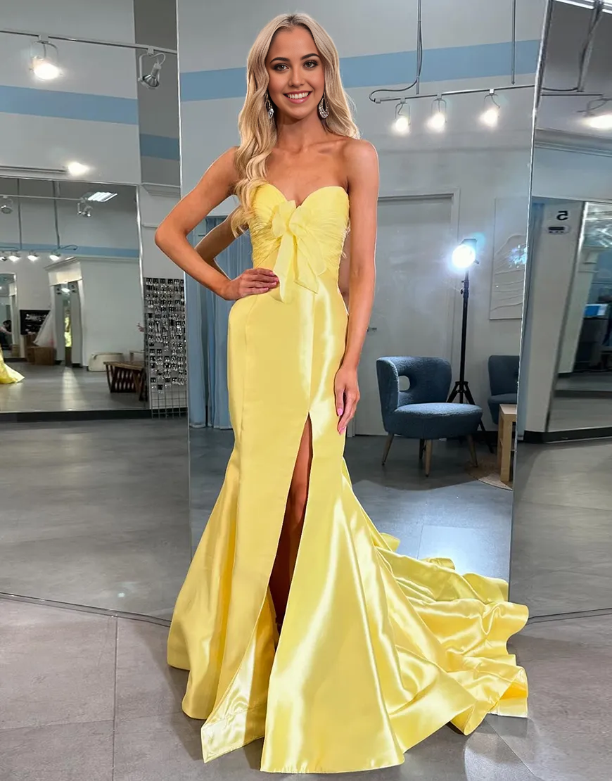 Mermaid Strapless Bow Long Yellow formal dresses evening gown Prom Dress with Slit