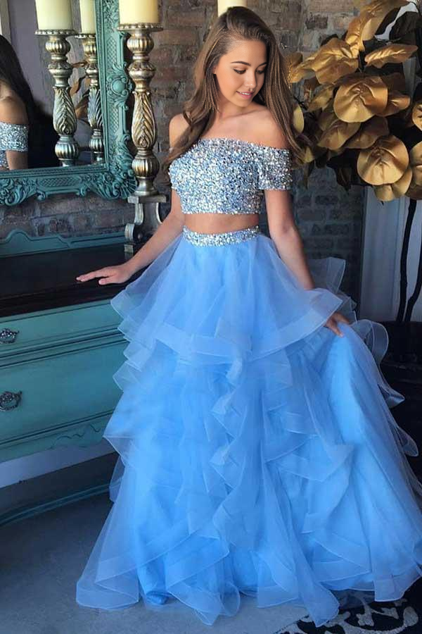 Two Piece Off-the-Shoulder Tiered Organza Blue Prom Dress with Sequins