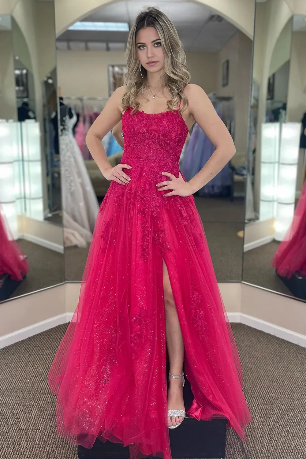 A Line Spaghetti Straps Stunning Fuchsia Long Prom Dress with Appliques