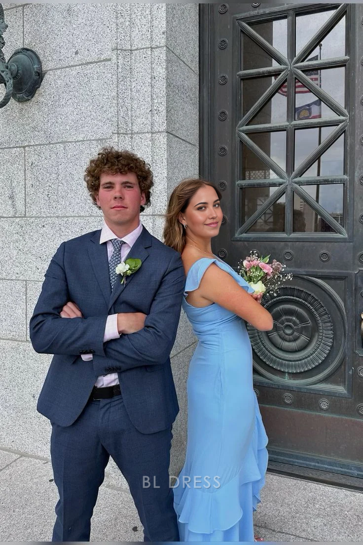 A-line V-Neck Ruffle Blue Chiffon Long formal dresses Bridesmaid Dresses evening gown Prom Dress