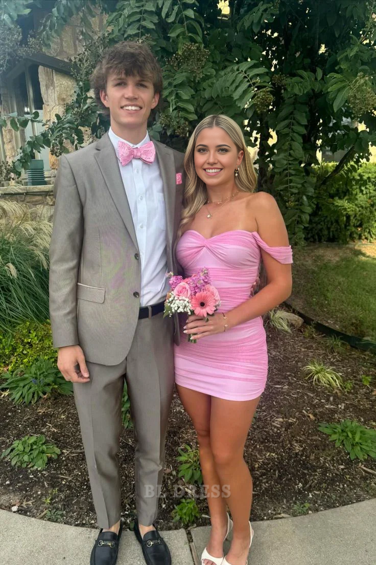 Etuikleid mit schulterfreiem, rosafarbenem, kurzem Heimkehrkleid, formelle Kleider, Brautjungfernkleider, Abendkleid, Ballkleid