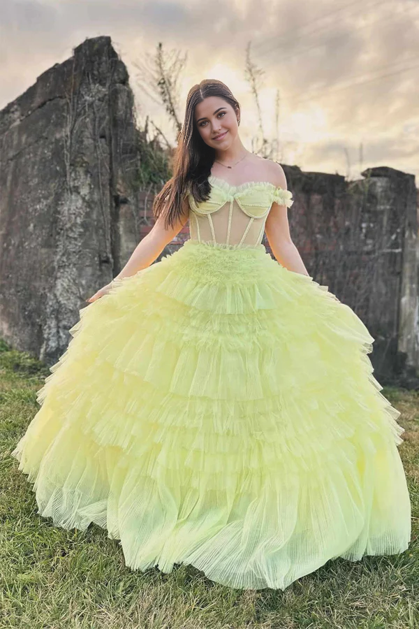 A-line Off the Shoulder Ruffle Layered Prom Dress