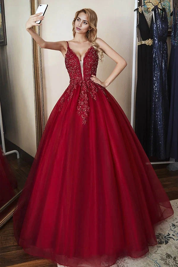 A-line Elegant Tulle Straps Ball Gown Beaded Long Prom Dress